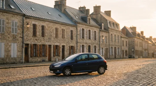 Propriétaire automobile français devant son véhicule garé dans une rue résidentielle, symbolisant la maîtrise du budget auto