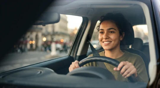 Jeune conducteur français au volant d'une Renault Clio moderne en environnement urbain dynamique