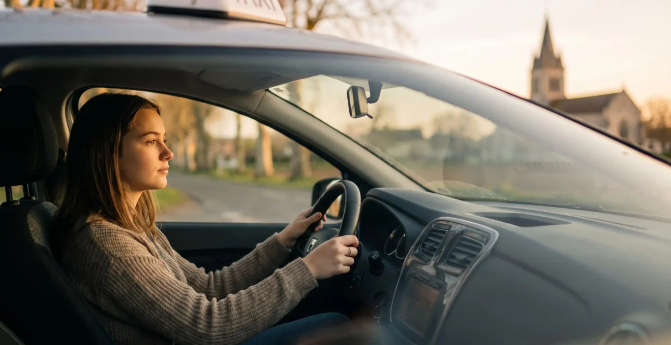 Jeune conductrice concentrée au volant d'une voiture d'auto-école sur une route française, symbolisant la réussite du permis de conduire