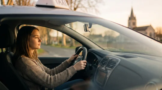 Jeune conductrice concentrée au volant d'une voiture d'auto-école sur une route française, symbolisant la réussite du permis de conduire