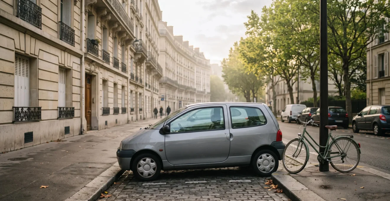 Petite voiture d'occasion garée dans une rue française au petit matin, symbole d'une mobilite economique et maitrisee