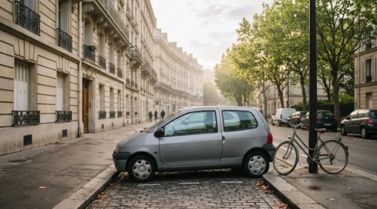 Petite voiture d'occasion garée dans une rue française au petit matin, symbole d'une mobilite economique et maitrisee