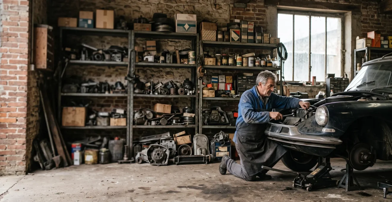 Mécanicien français examinant une pièce détachée ancienne dans un atelier lumineux, entouré de composants automobiles d'époque