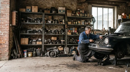 Mécanicien français examinant une pièce détachée ancienne dans un atelier lumineux, entouré de composants automobiles d'époque