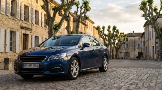 Voiture récente garée dans une rue résidentielle française, symbolisant un achat malin avec des options premium sans surcoût
